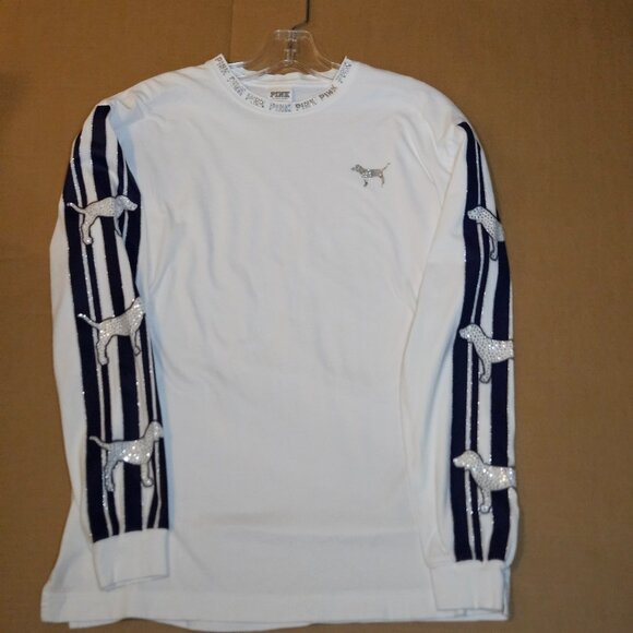 Victoria's Secret  Blue Rhinestone Dog Bling Shirt Long Sleeve White Cotton XS - Picture 1 of 9